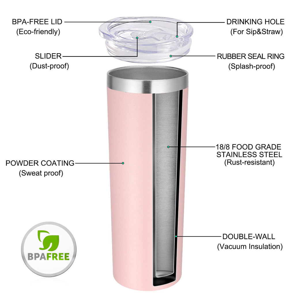 VEGOND Stainless Steel Tumblers Bulk 6 Pack, 20 oz Vacuum Insulated Skinny Tumblers with Lid and Straw, Double Wall Coffee Mug, Travel Water Cup, Light Pink