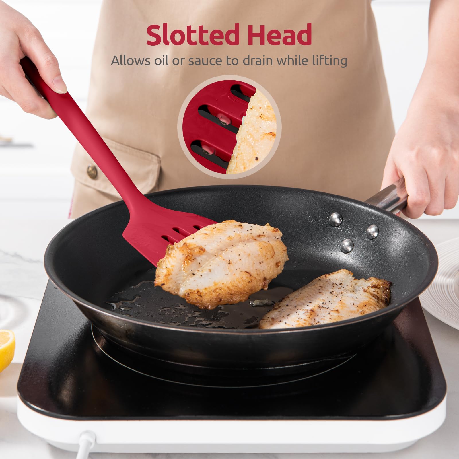 U-Taste Silicone Turner Slotted Spatula, 13.6" Long/3.7" Wide, Red