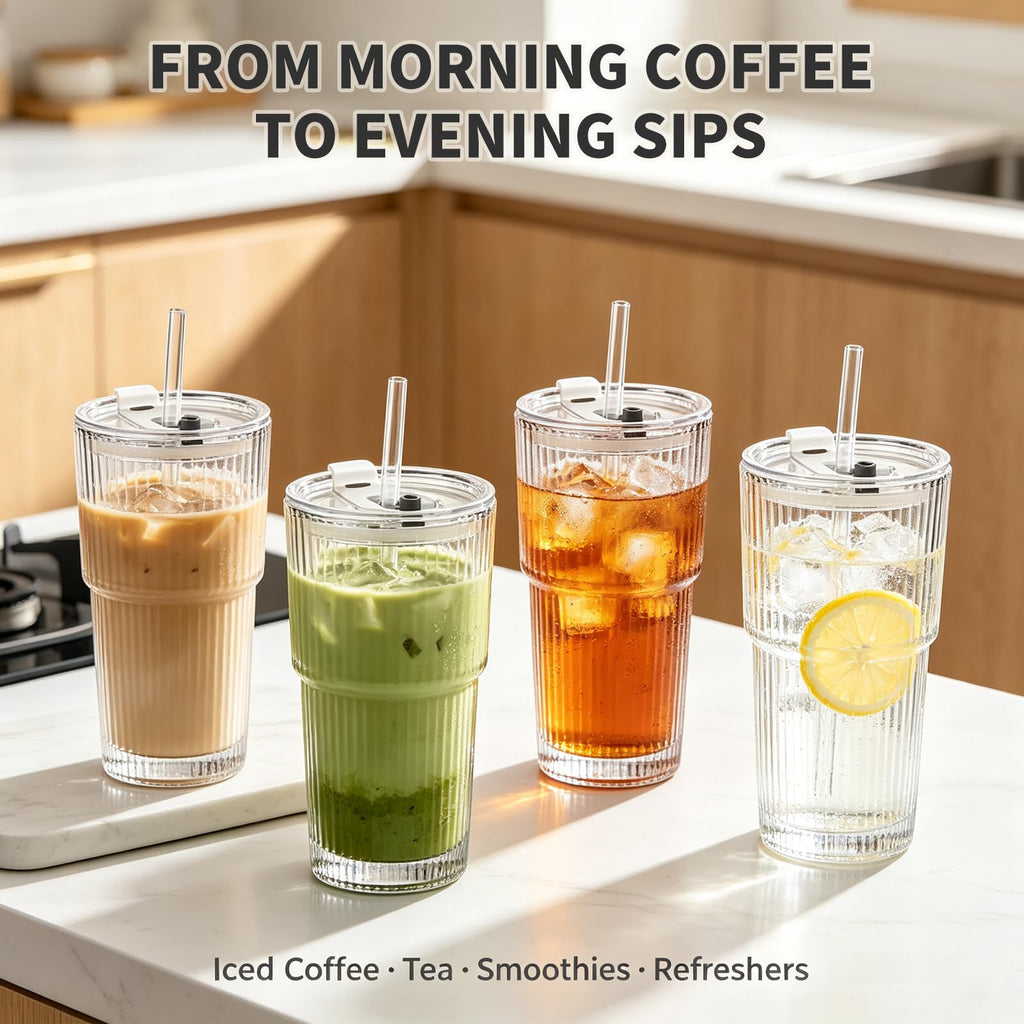 Salpae 20oz Iced Coffee Cups with Lids and Straws, Ribbed Glass Tumblers