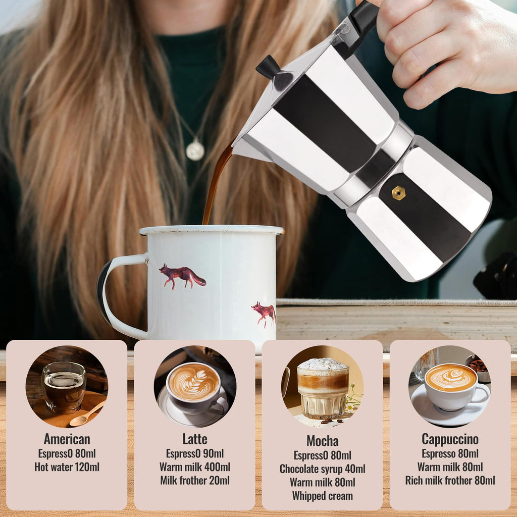 Vaolvpant 6 Cup Aluminum Moka Pot Classic Stovetop Espresso Coffee Maker 300ml 10oz Coffee maker Percolator Mocha Pot Greca Coffee Maker Cafe Makers for Italian and Cuban Café Brewing Silver