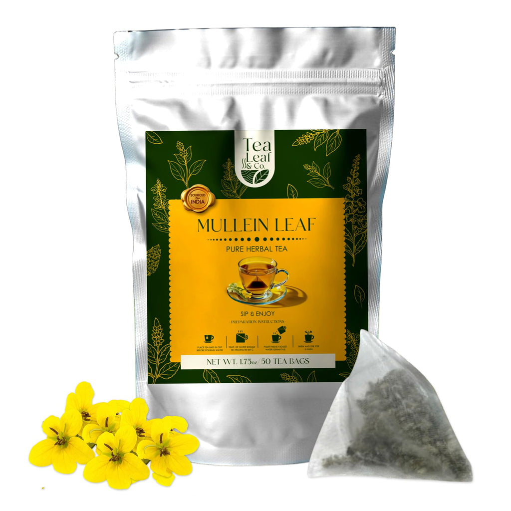 Tealeaf & Co. Mullein Leaf Tea Blended with Fresh Herbs - Pure Herbal Tea Bags with Mullein Leaf Extract - Flavored Herbal Blend - Low Caffeine - Gluten Free - 50 Teabags
