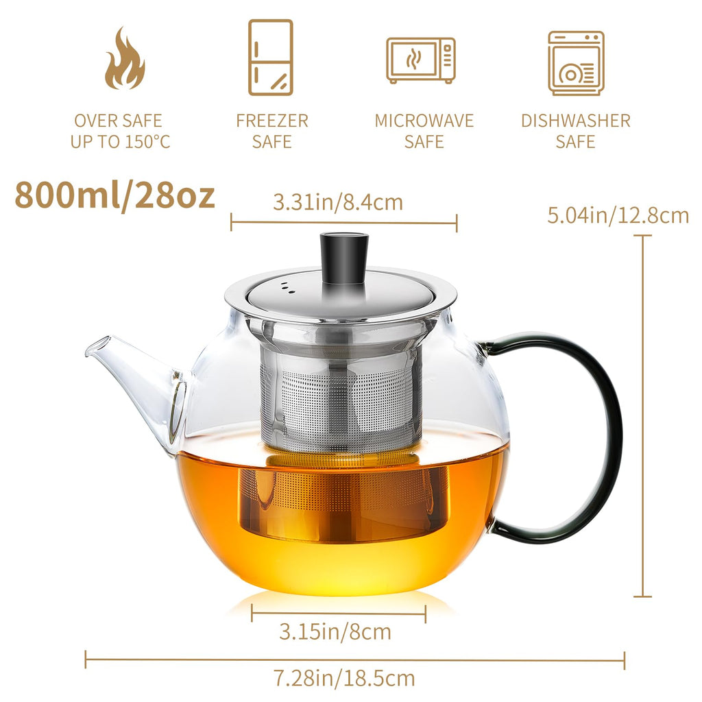 28OZ Glass Teapot with Infuser Stovetop Safe, 800ml Borosilicate Glass Kettle Tea Pot with Infusers tea infuser pot for loose leaf tea, tea Maker brewer, Dishwasher Safe, tetera para te (Clear)