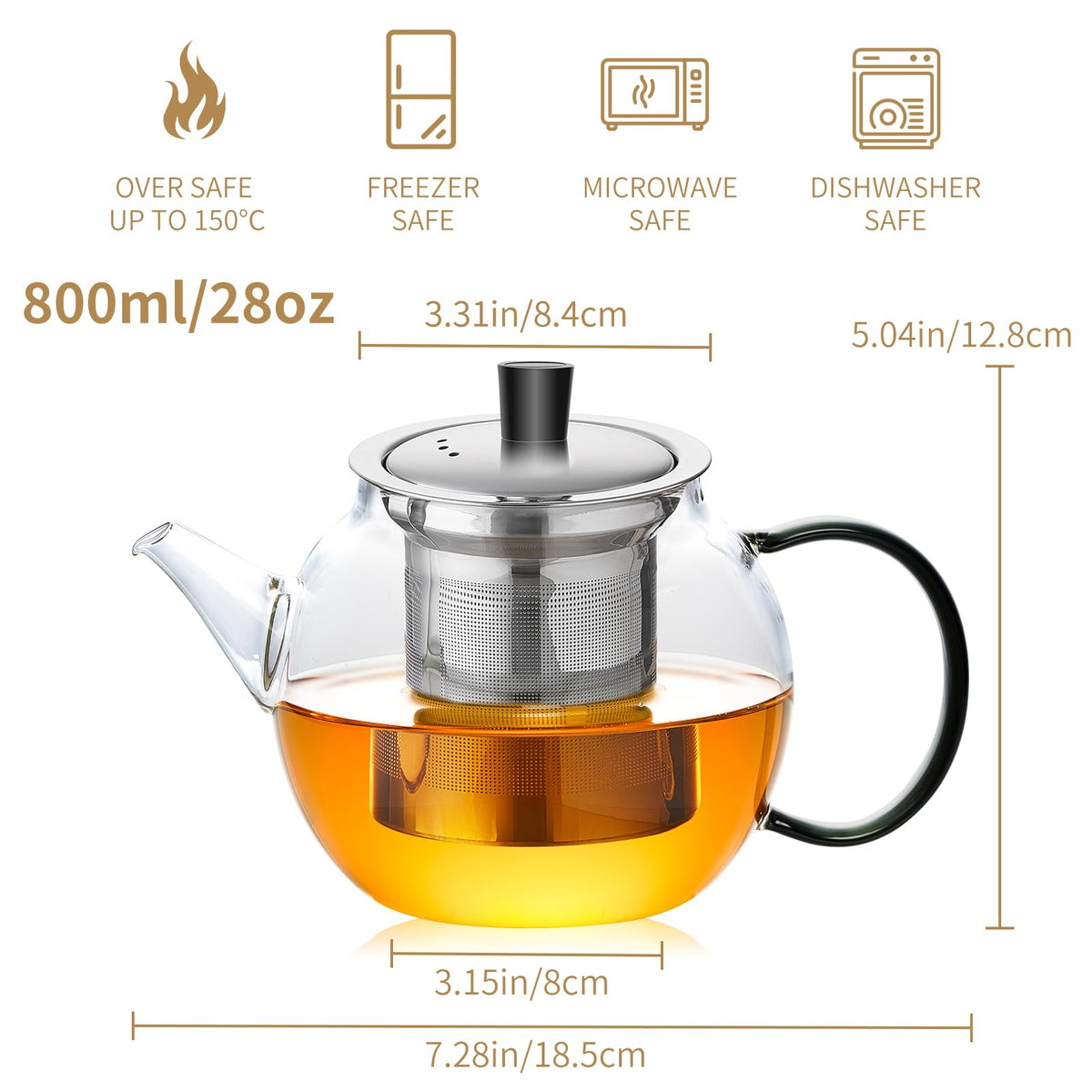 28OZ Glass Teapot with Infuser Stovetop Safe, 800ml Borosilicate Glass Kettle Tea Pot with Infusers tea infuser pot for loose leaf tea, tea Maker brewer, Dishwasher Safe, tetera para te (Clear)