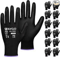 KAYGO Safety Work Gloves PU Coated,12 Pairs KG11PB Seamless Knit Glove for Men and Women, with Smooth Grip on Palm and Fingers, Ideal for General Duty Work (X-Small, Black)