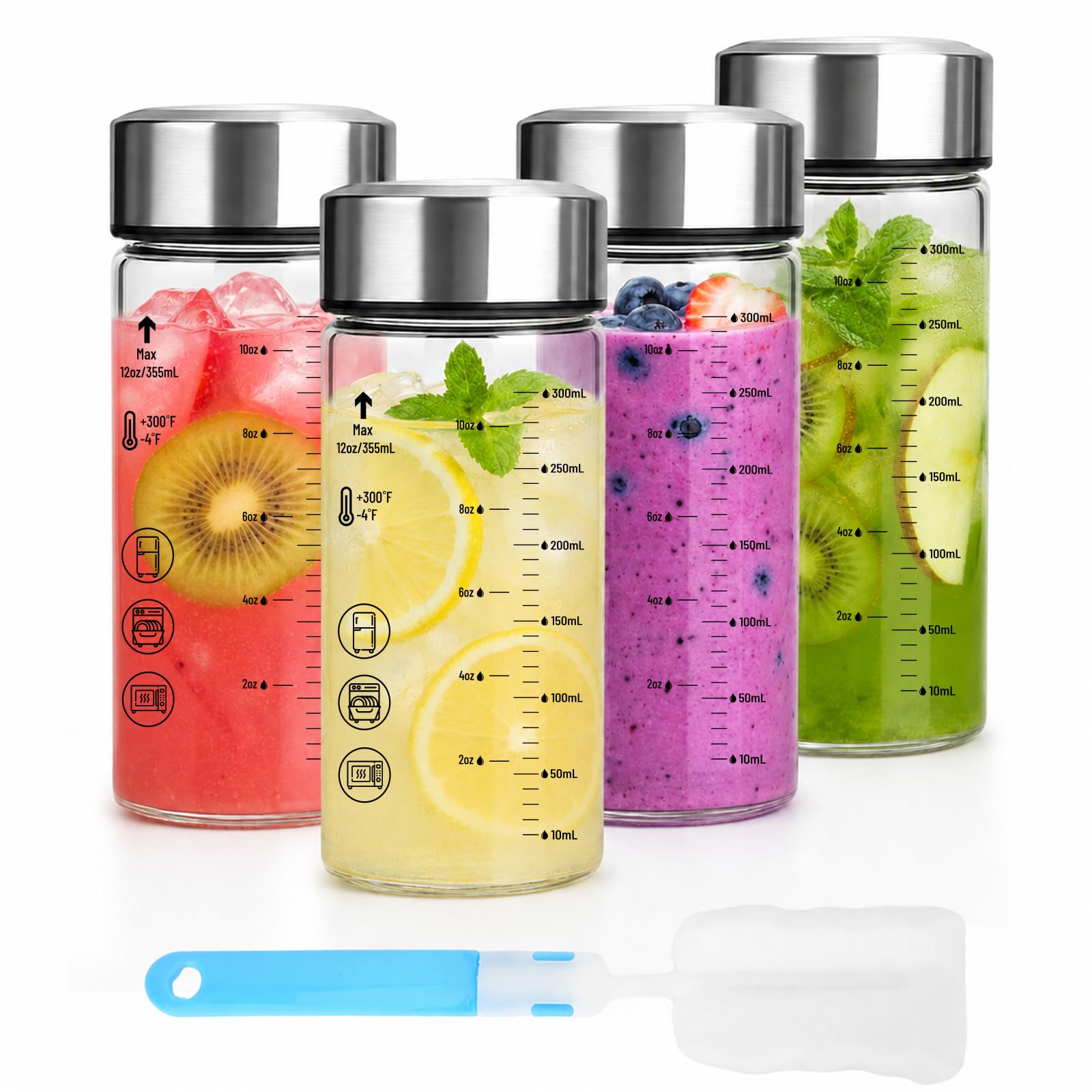 Luxfuel 12 oz Glass Juice Bottles with Lids, 4 Pack Wide Mouth Glass Bottle