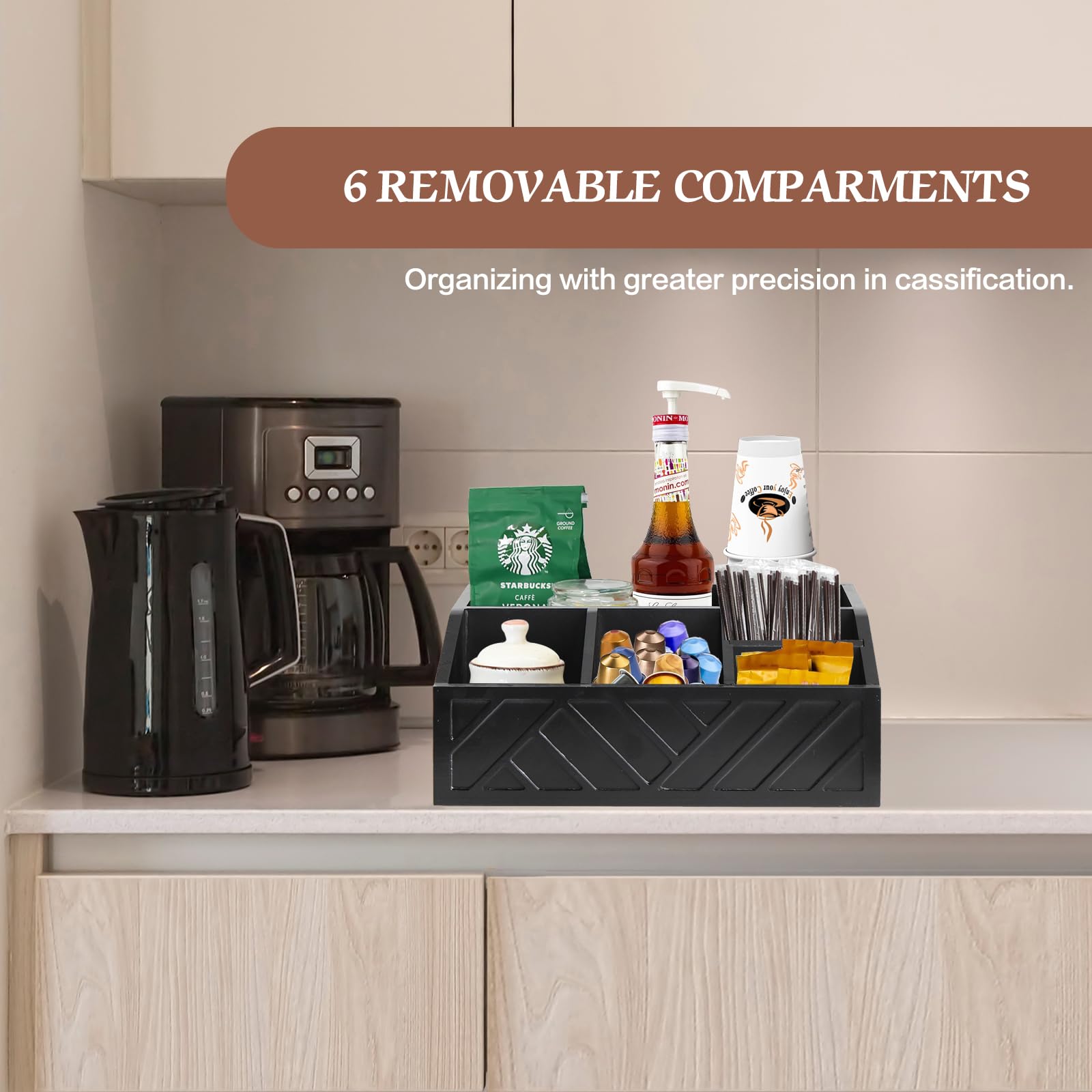 Ukonvi Coffee Pod Holder and Bar Accessories, Wood Station Organizer for Decor, Syrup and Condiment Organizer, Black