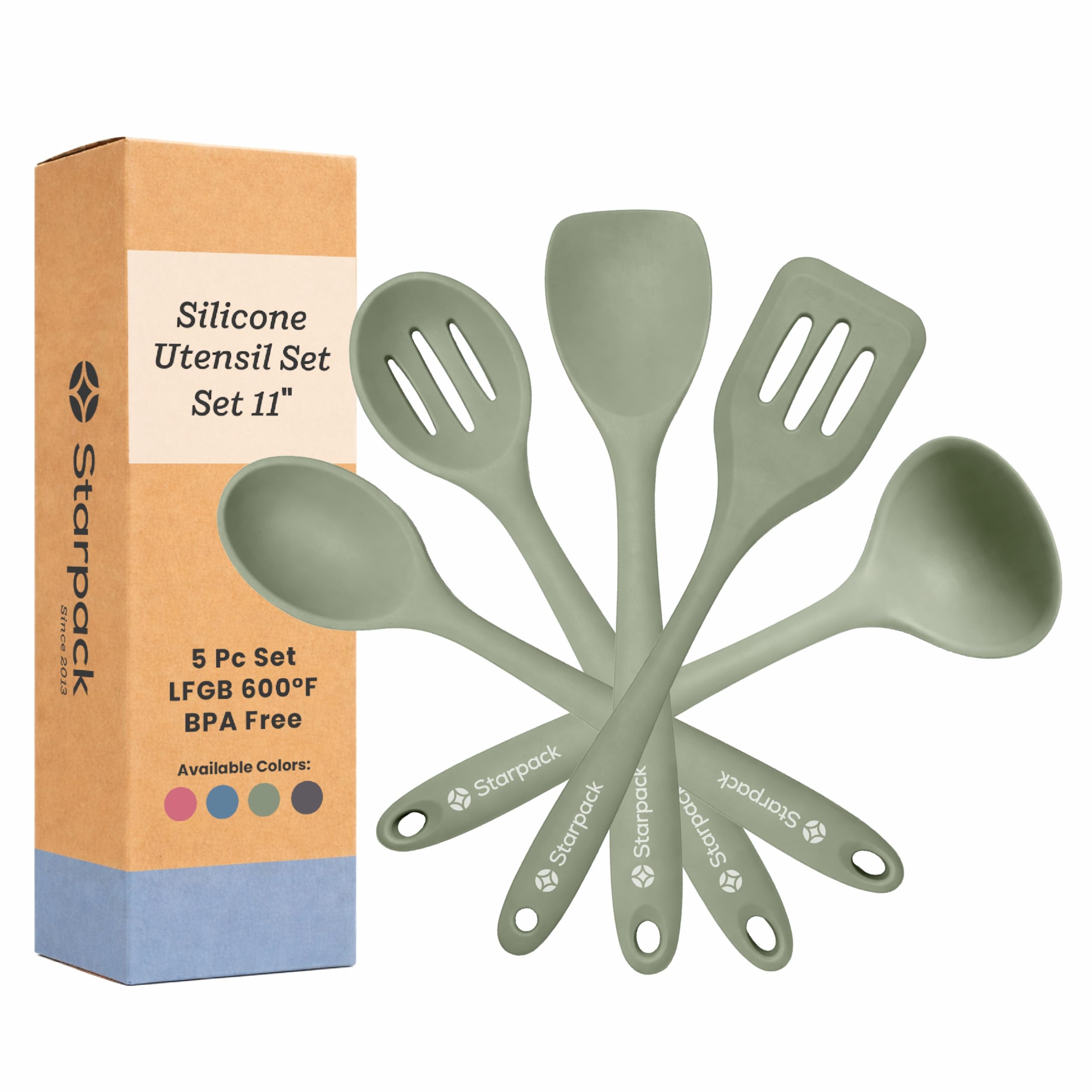 Starpack Stir and Serve Silicone Cooking Utensils Set (5-Piece, 11") - LFGB Non Toxic, 600°F Heat Resistant, BPA-Free - One-Piece Seamless, Dishwasher Safe - for Nonstick Cookware, Sage Green