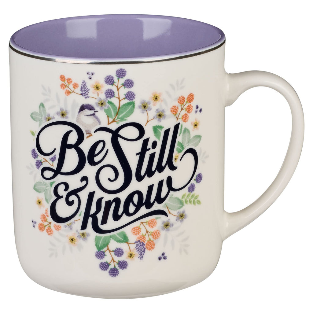 Christian Art Gifts Purple Ceramic Coffee Mug with Silver Rim – 14 oz. Lead & Cadmium-free Non-toxic Inspirational Scripture Coffee and Tea Mug for Women with Bible Verse: Be Still & Know –Psalm 46:10
