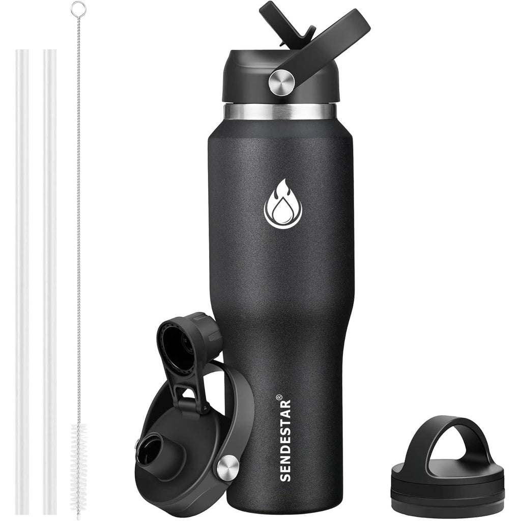 SENDESTAR 40oz Stainless Steel Water Bottle(Cold for 48 Hrs, Hot for 24 Hrs),Double Wall Vacuum Insulated Bottle with Straw Lid, Spout Lid and Flex Cap, Fit in Any Car Cup Holder,Black