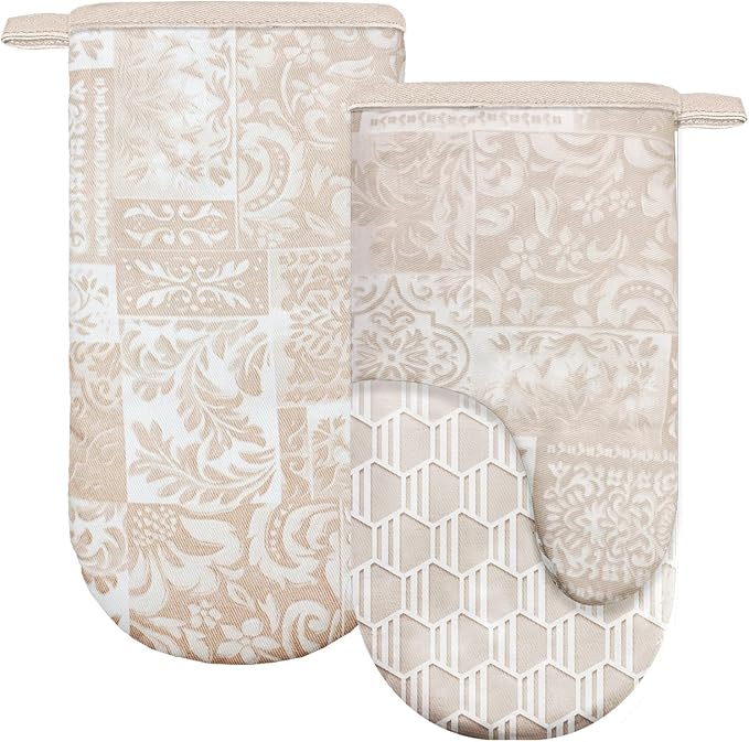 Thumb Oven Mitts, Heat and Slip Resistant Silicone Kitchen Mittens 2-Pack Set, Khaki Patchwork Flower Soft Long Oven Gloves, Flexible Thick Potholders for Safe Baking Cooking and Grill(Khaki)