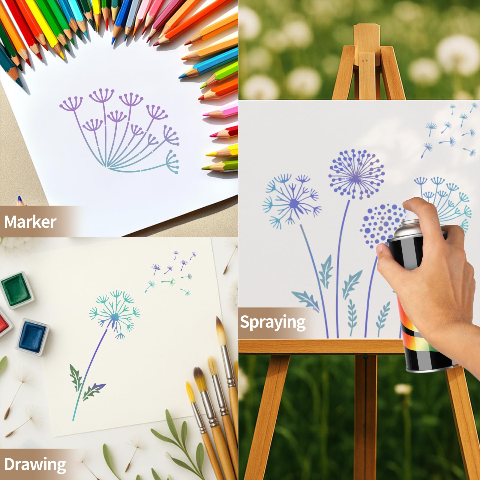 TWINKLEMON 12PCS Large Flower Stencils for Painting on Wood 12 x 12 Inch Dandelion Stencil with Brushes Butterfly Stencil Large Floral Stencils for Walls Garden Fence Furniture Fabric