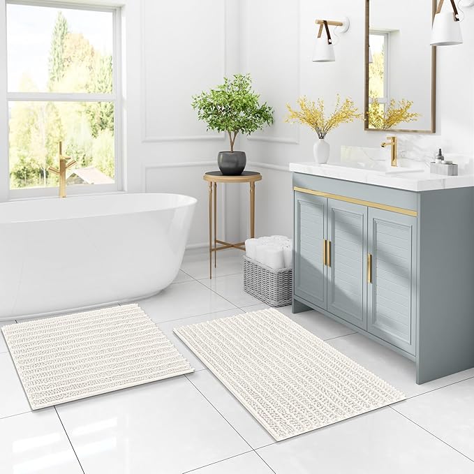 Arotive Luxury Chenille Bathroom Rug Mat, Extra Soft Thick Absorbent Shaggy Bath Rugs, Non-Slip Machine Wash Dry, Plush Bath Mats for Bathroom, Shower and Tub, 59x35, Ivory