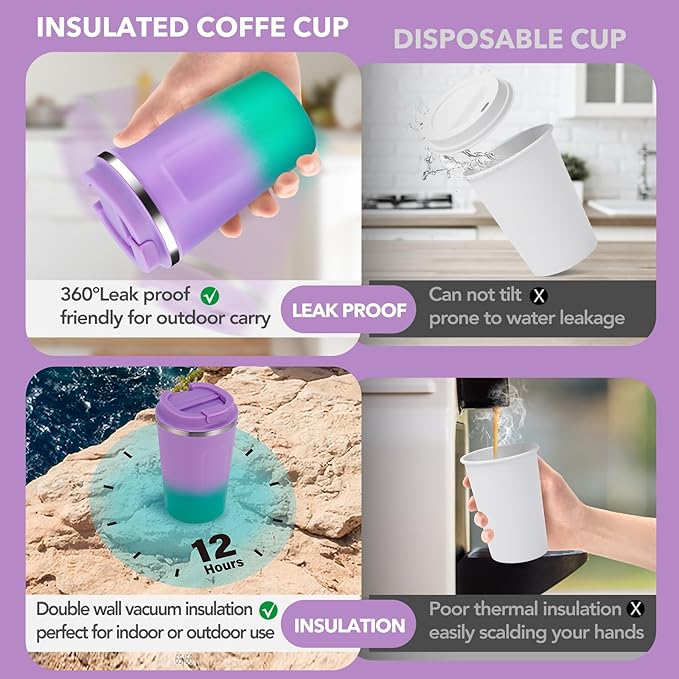 Volhoply 12 oz Double Wall Insulated Vacuum Travel Coffee Mug with Flip Lid Bulk 4 Pack,Reusable Stainless Steel Leak Proof Coffee Cup,Portable Thermal Tumbler for Hot&Cold Drinks(Purple Green,4 Set)