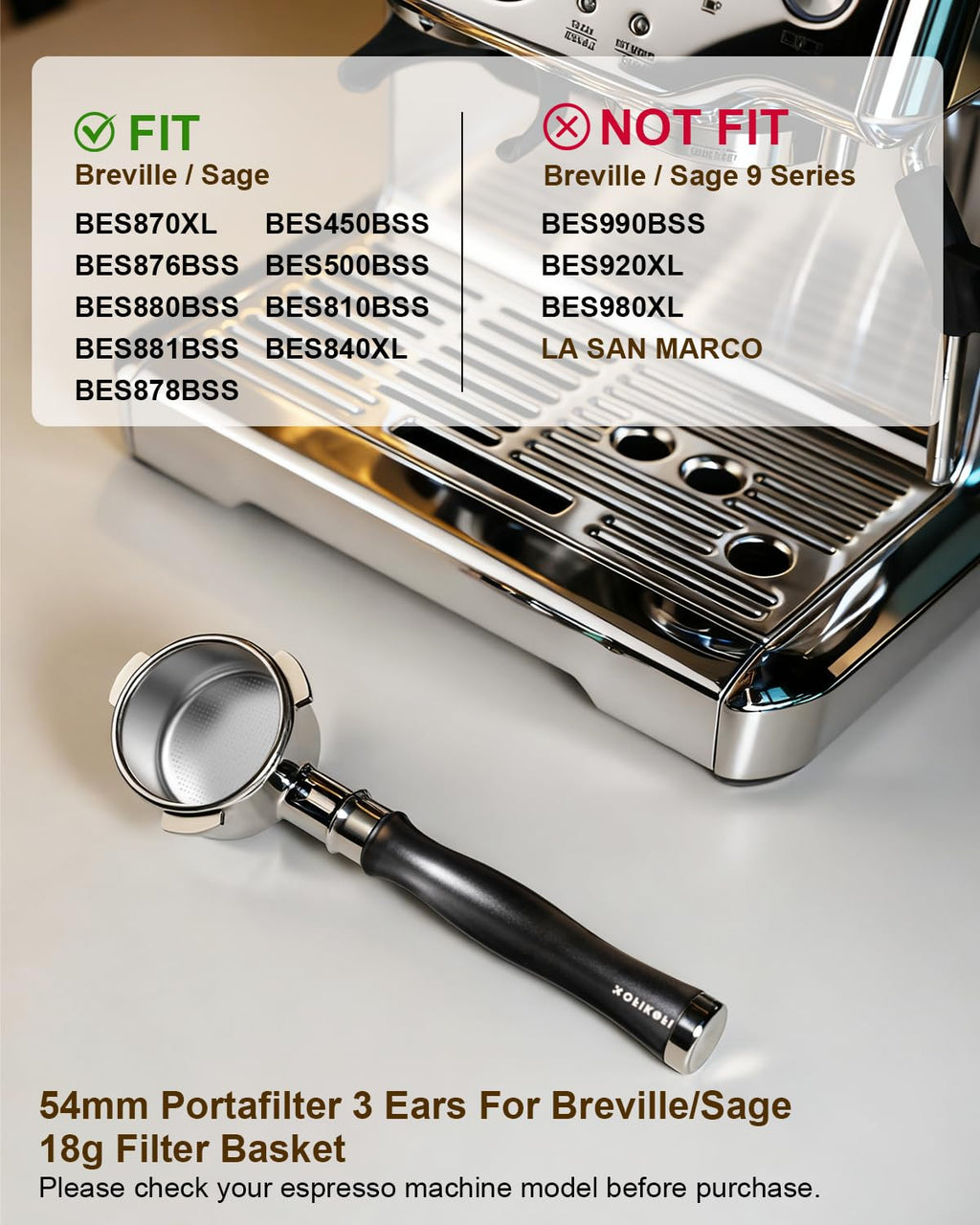 54mm Bottomless Portafilter, 3 Ears Bottomless Naked Portafilter Compatible with Breville/Sage Barista Express BES870/876/878/880/881/450/500/810/840, with Puck Screen and 18g Filter Basket