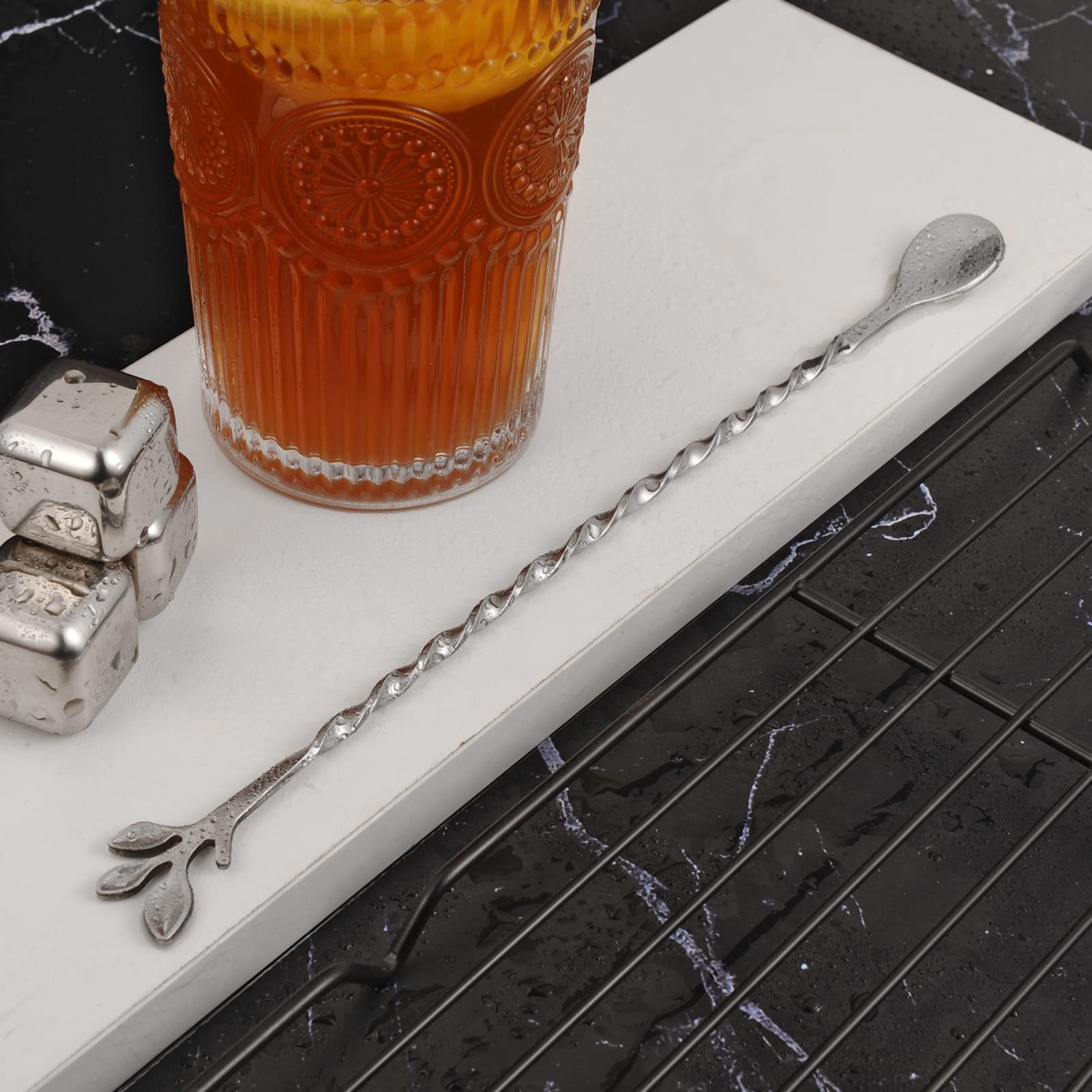 AnSaw Silver 10-Inch Stainless Steel Cocktail Spoon with Leaf Handle
