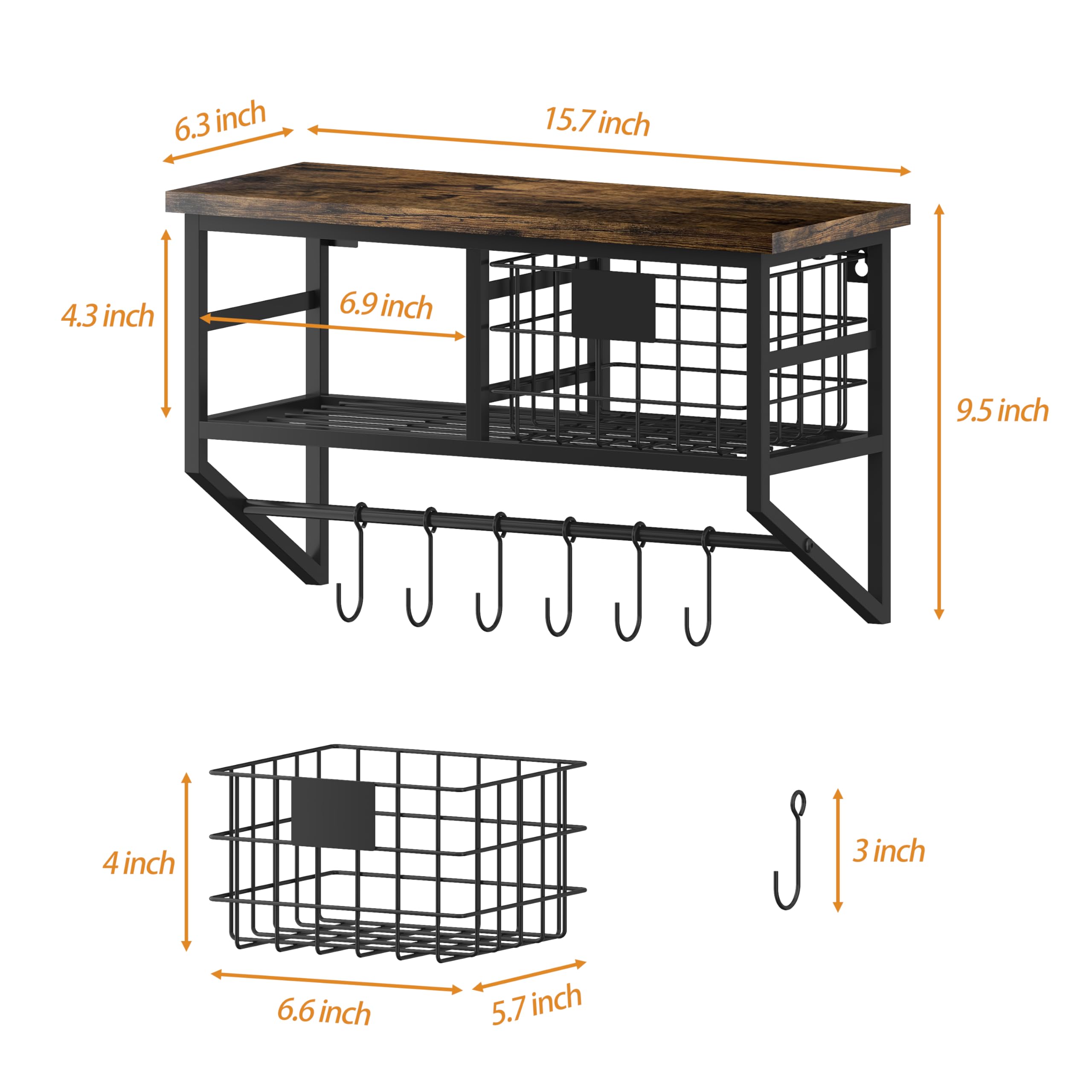Helsin Industrial Wall Mounted Metal Wood Floating Shelves with Baskets Hooks Hanging Display Shelf Sundries Holder for Coffee Bar Kitchen Bathroom Organization and Home Decor, Black (16inch, 2 Sets)