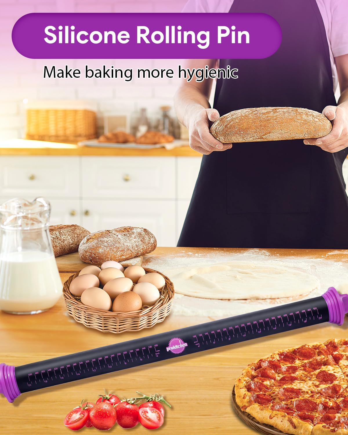 PROKITCHEN Silicone Rolling Pin with Thickness Rings, Adjustable Designs for Fondant, Cookie Decorating, Pasta, Pizza, 23.6 inch Purple Large Long Pin