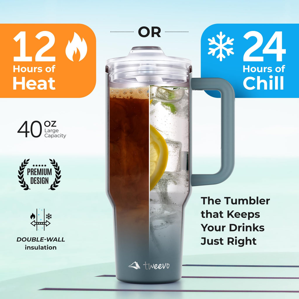 tweevo 40 oz Tumbler With Handle and Straw Made of Stainless Steel - Double Wall Vacuum Insulated Tumbler With Lid - Sweat Proof Easy Grip, BPA-Free, Dishwasher Safe Tumbler (Black)