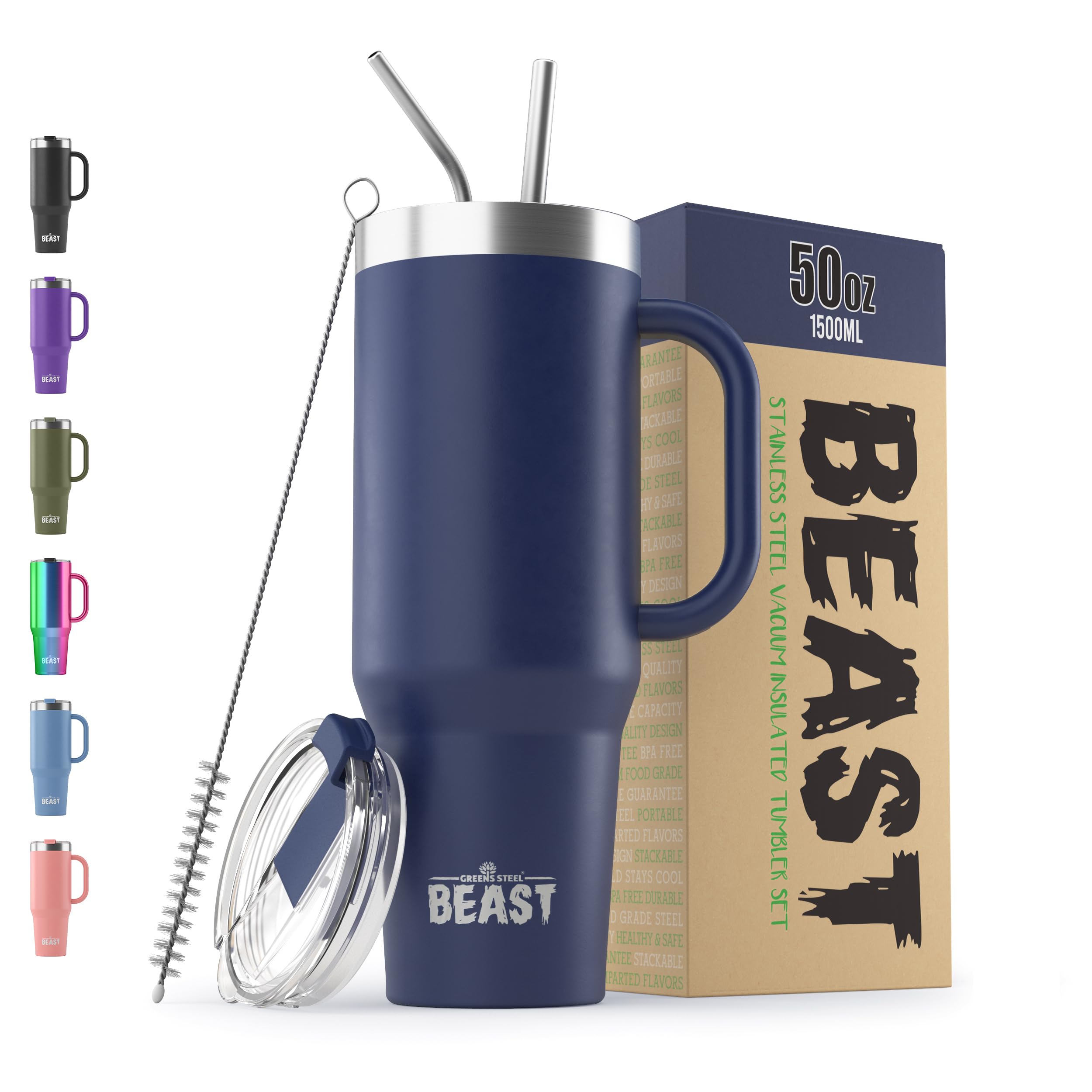 Beast 50 oz Tumbler with Handle Stainless Steel Vacuum Insulated Coffee Ice Cup Double Wall Travel Flask (Royal Blue)