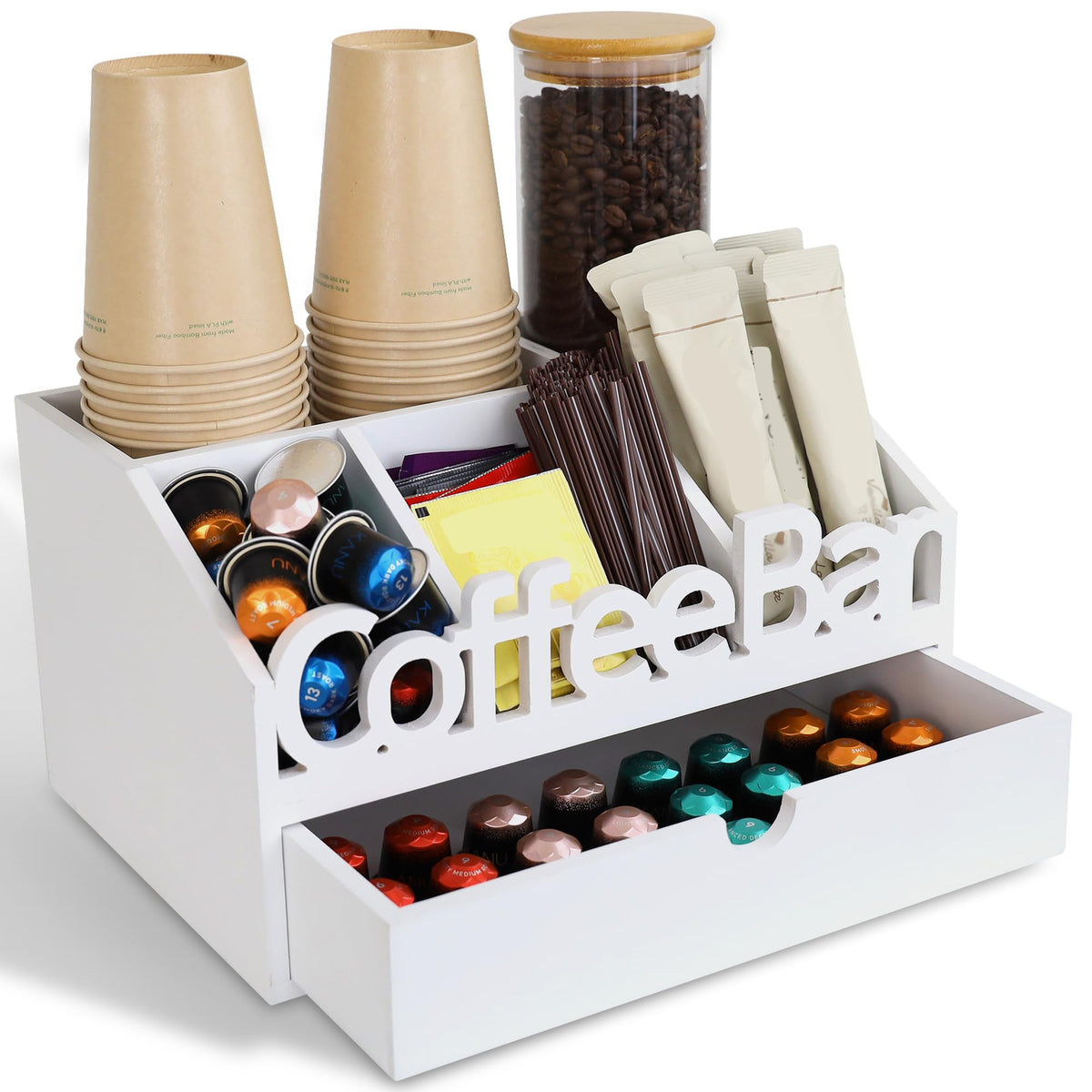 Acrylic Coffee Bar Station, Countertop Snack Tea Organizer & Condiment Tray