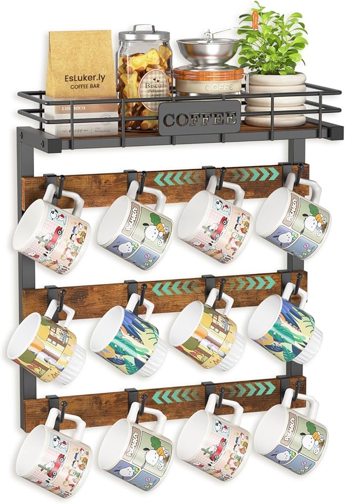 EsLuker.ly Coffee Mug Holder Wall Mounted Display Rack, Black Metal Cup Hanger Organizer with 12 Movable Plastic Hooks, Wood Rustic Shelf for Coffee Bar Home Kitchen, Thoughtful Wall Storage