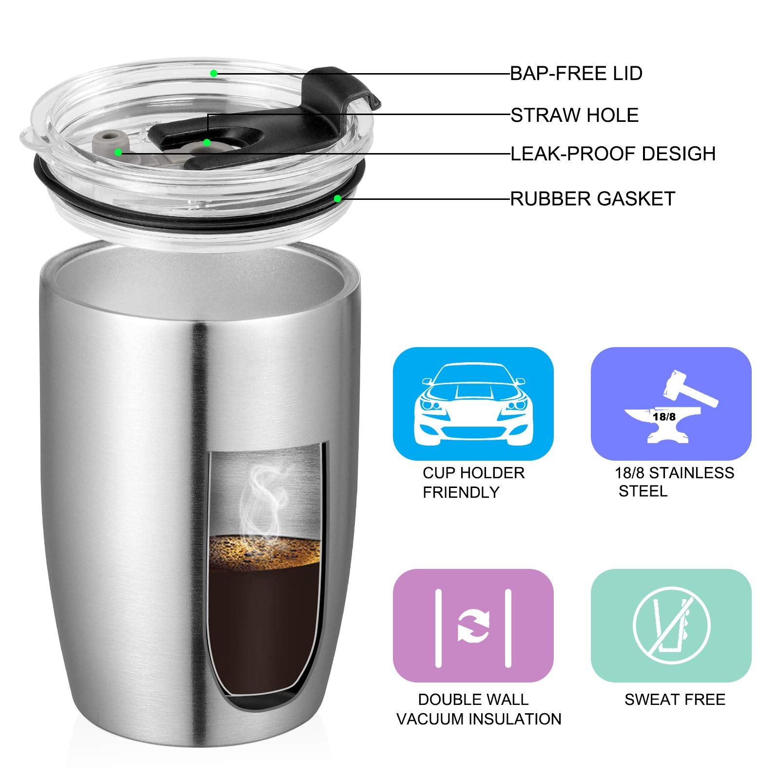 VEGOND Stainless Steel 12 oz Tumblers bulk Vacuum Insulated Double Wall Travel Tumbler with Lid and Straw Reusable Tumbler, Stainless 1 Pack