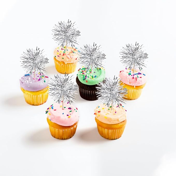 40 PCS Foil Firework Cupcake Toppers Fireworks Cupcake Picks Sparkle Tinsel Cake Decorations Cocktail Fruit Toothpick for Firework Theme Birthday Wedding Graduation Party Decorations Supplies Silver