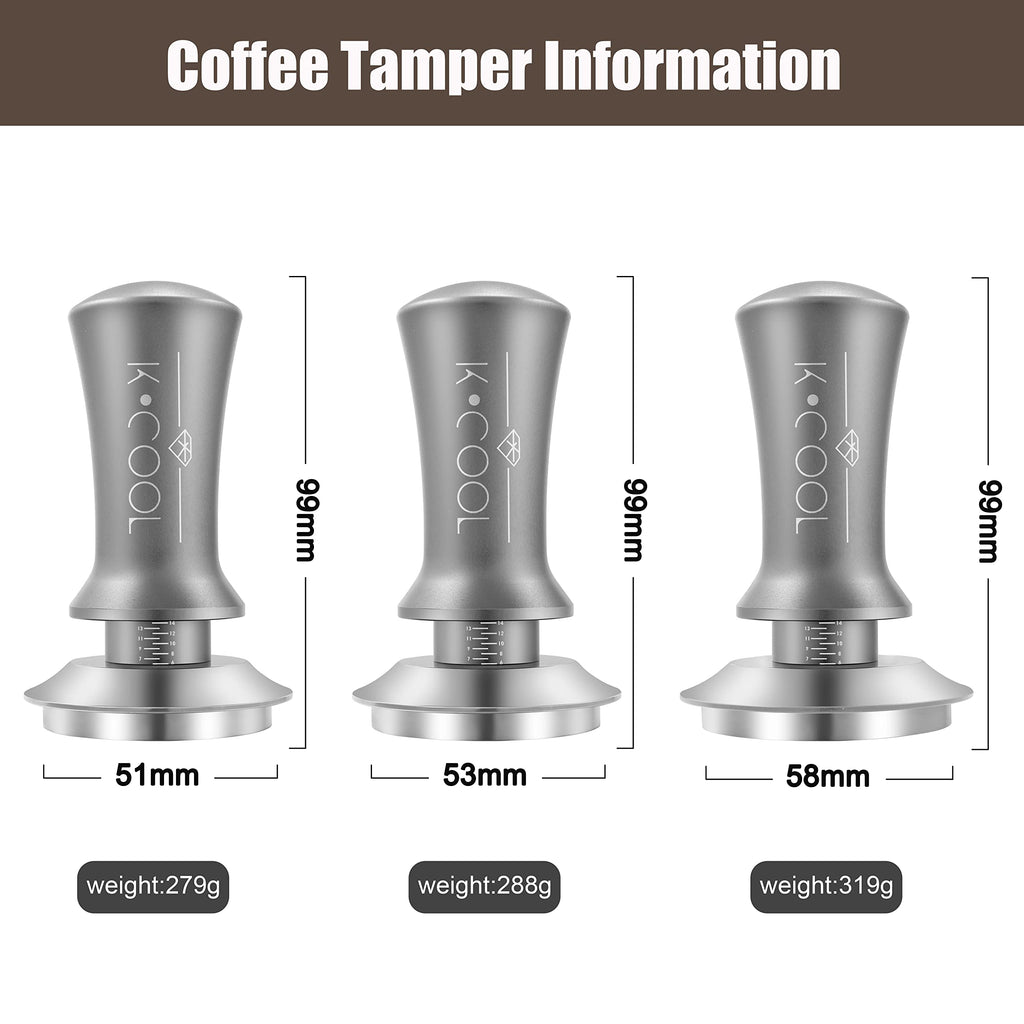 K COOL Espresso Tamper, Coffee Tamper, Premium Barista Tools Tamper with Calibrated Spring 30lb, 100% Stainless Steel Flat Base Tamper with Scale Mark for Espresso Coffee Machine (53mm, Silver)