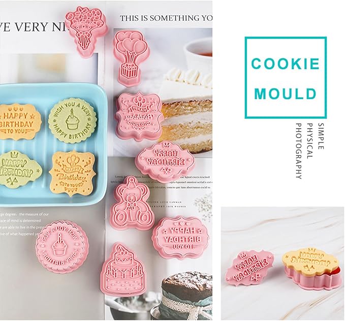 8PCS Happy Birthday Cookie Cutter Sets 3D Plastic Cookie Cutters with Plunger Stamps Pressable Biscuit Mold Cookie Molds Cake Baking Fondant Cutter Birthday Party DIY Cookie Decorating Supplies(C)