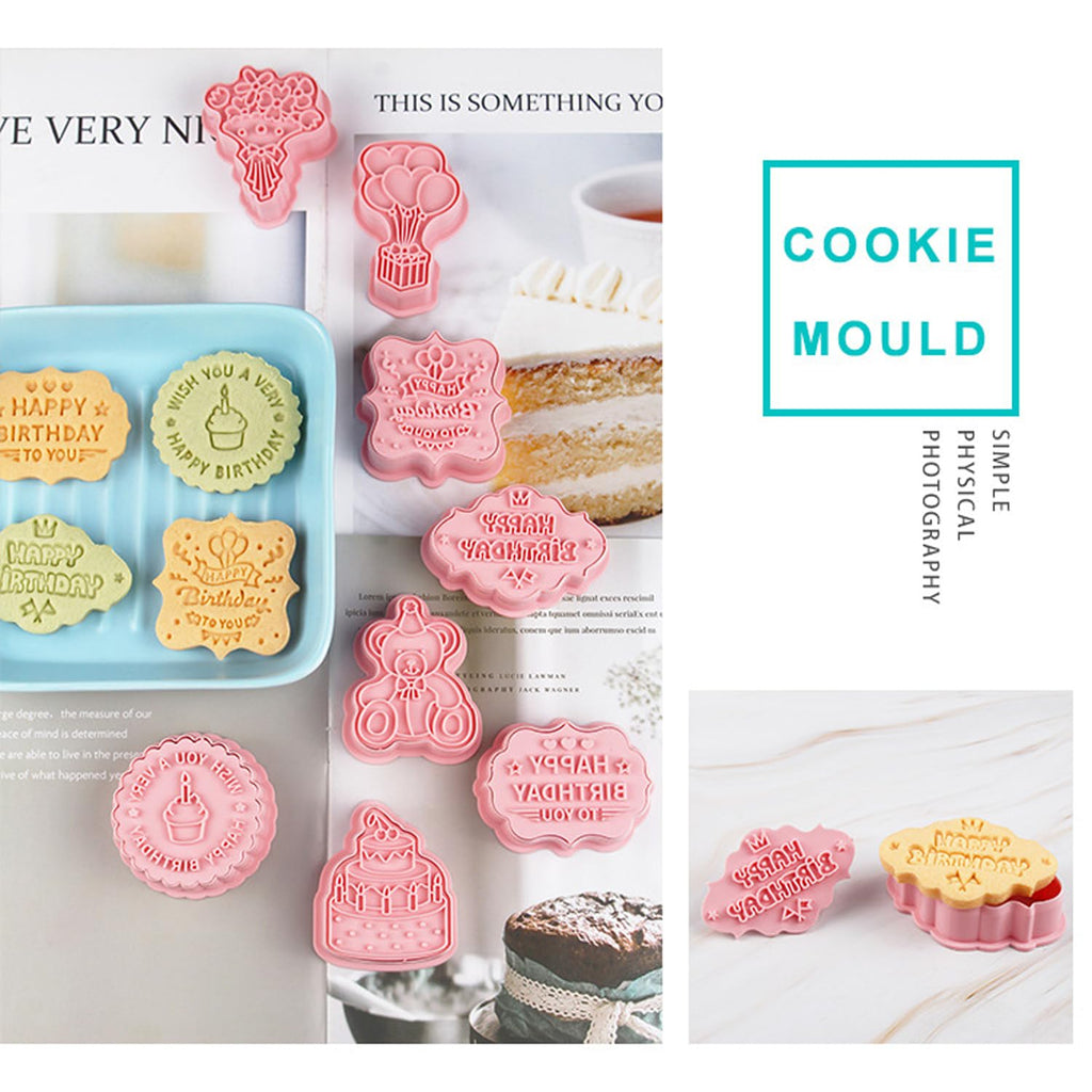 8PCS Happy Birthday Cookie Cutter Sets 3D Plastic Cookie Cutters with Plunger Stamps Pressable Biscuit Mold Cookie Molds Cake Baking Fondant Cutter Birthday Party DIY Cookie Decorating Supplies(C)