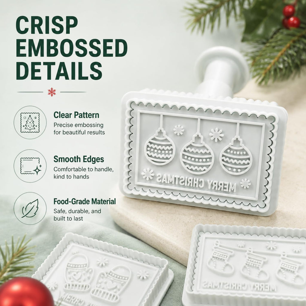 4-Piece 3D Merry Christmas Cookie Cutter and Stamp Set, Plastic