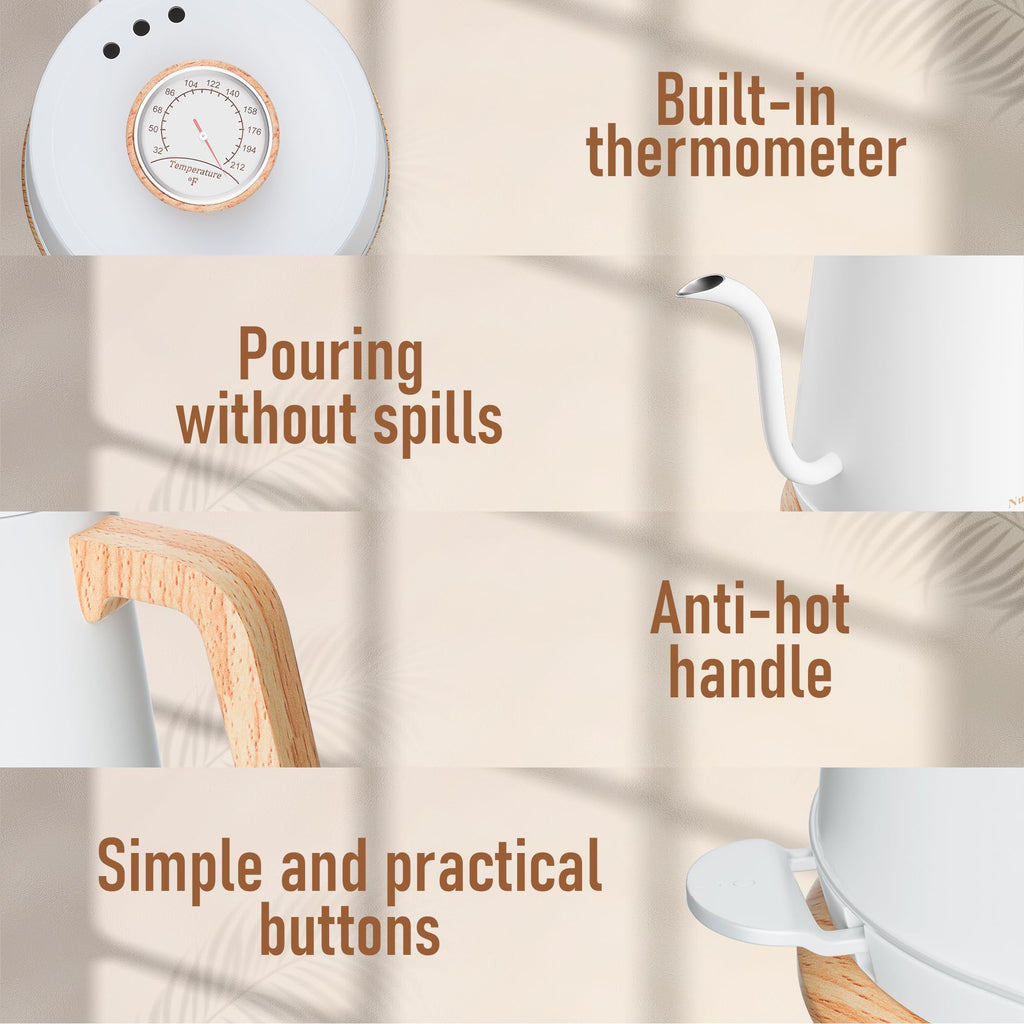 Nueve&Five Electric Gooseneck Kettle with Thermometer, 1.0L Pour Over Hot Water Kettle for Coffee and Tea, 1000W, Auto Shutoff, Boil-Dry Protection, White