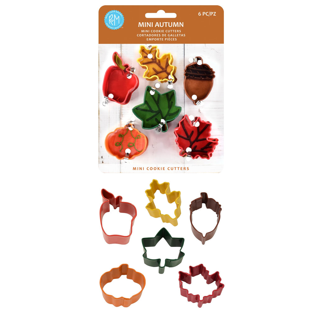 R&M Mini Autumn 6-Piece Color Cookie Cutter Set – Polyresin Coated Red, Yellow, Green Fall Leaves, Apple, Orange Pumpkin & Brown Acorn Baking Tools