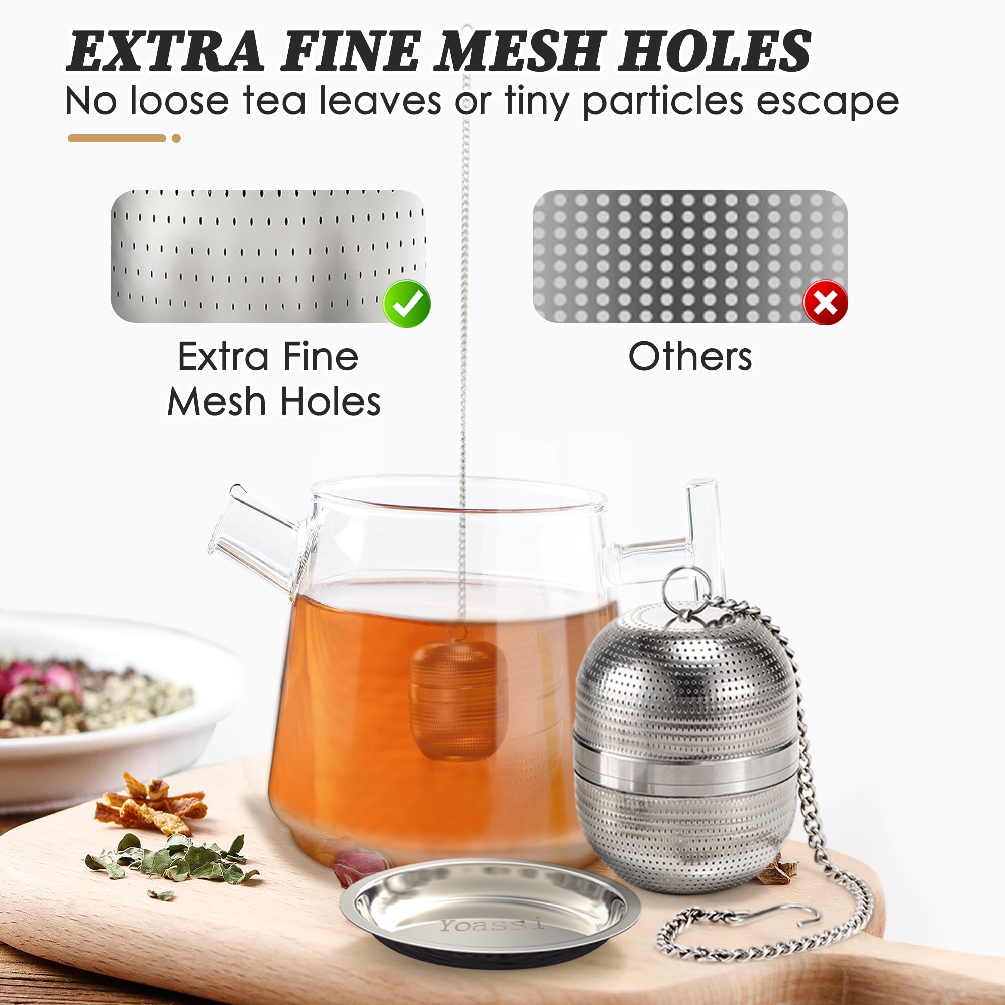 Yoassi 2 Pack Tea Infusers for Loose Tea, Extra Fine Mesh 18/8 Stainless Steel Tea Strainers, Loose Leaf Tea Steeper Tea Ball Tea Diffuser Tea Holder with Extended Chain Hook and Drip Tray