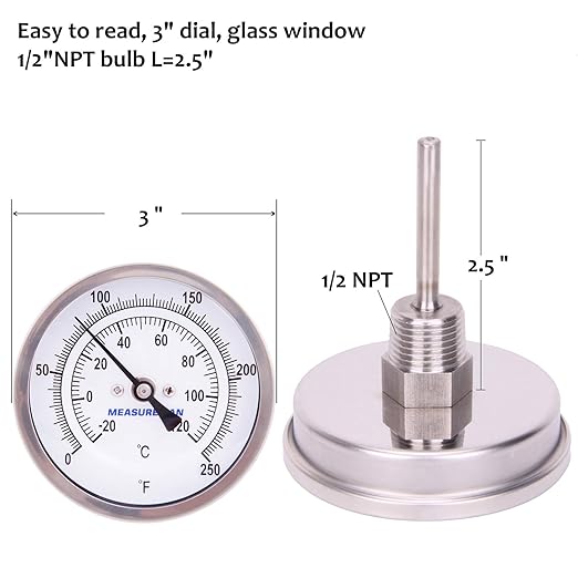 MEASUREMAN Fully Stainless Steel Pot, Kettle, Brewing Bimetal Thermometer, 3" Dial, 2-1/2" Stem, 0-250 deg F/-20-120 deg C, -1% Accuracy, Adjustable, 1/2" NPT Back Mount
