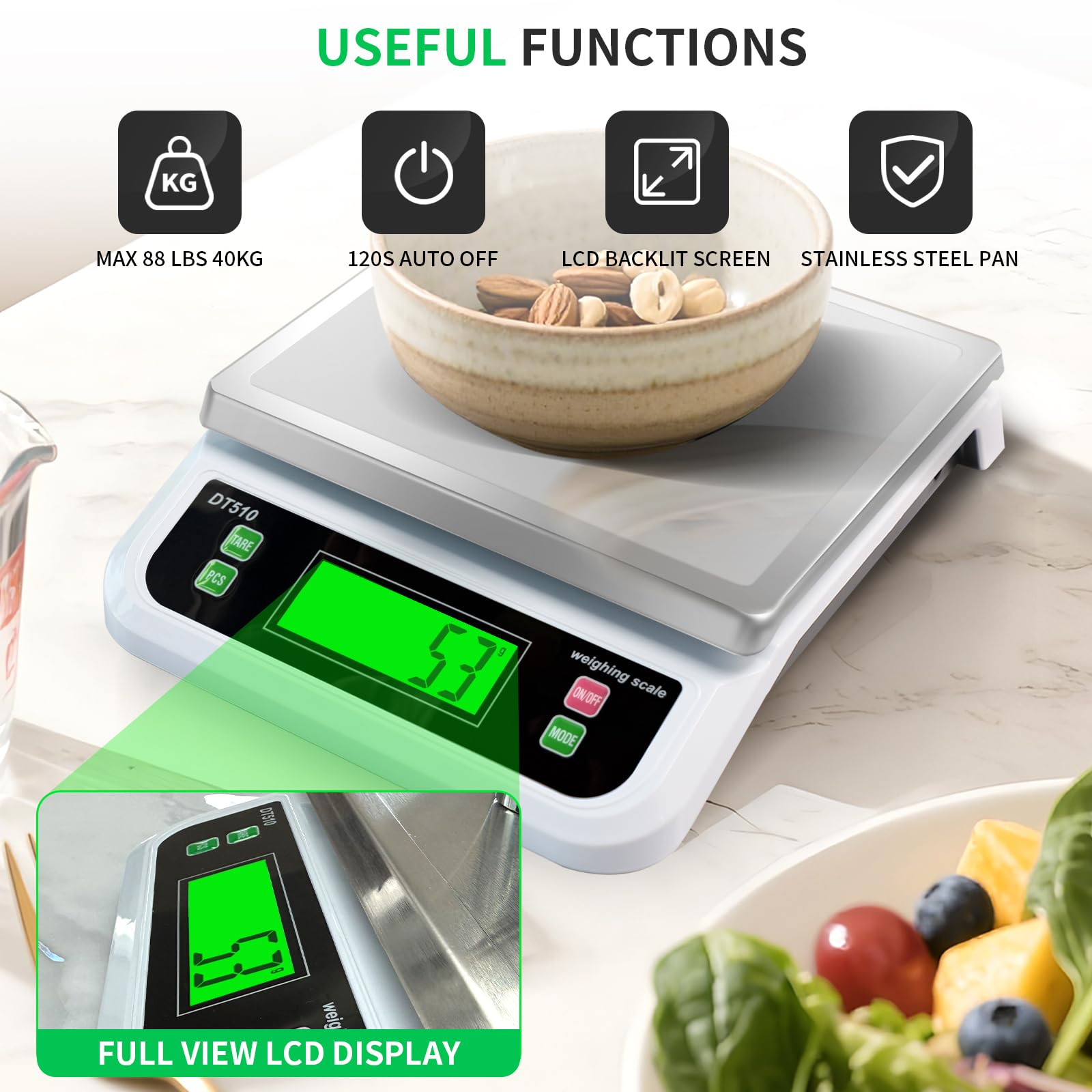 LNXDMWMS Large Digital Kitchen Scale 40kg/88lbs with Tare and PCS Funtion