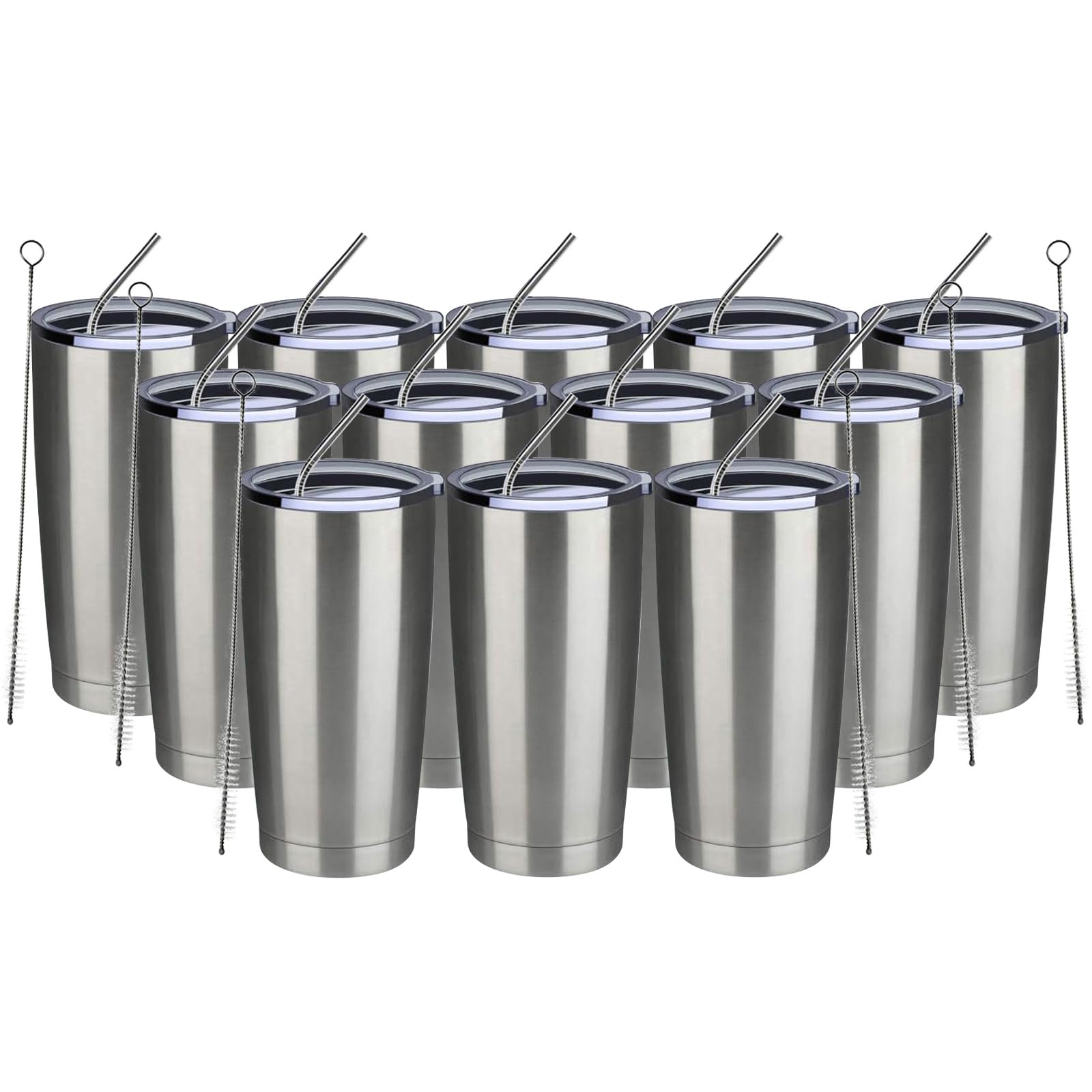 MEWAY 20oz Tumbler 12 Pack Double Wall Vacuum Insulated Travel Mug Bulk, Stainless Steel Tumblers with Lid and Straw, Durable Powder Coated Coffee Cups for Cold & Hot Drinks (Silver, 12)