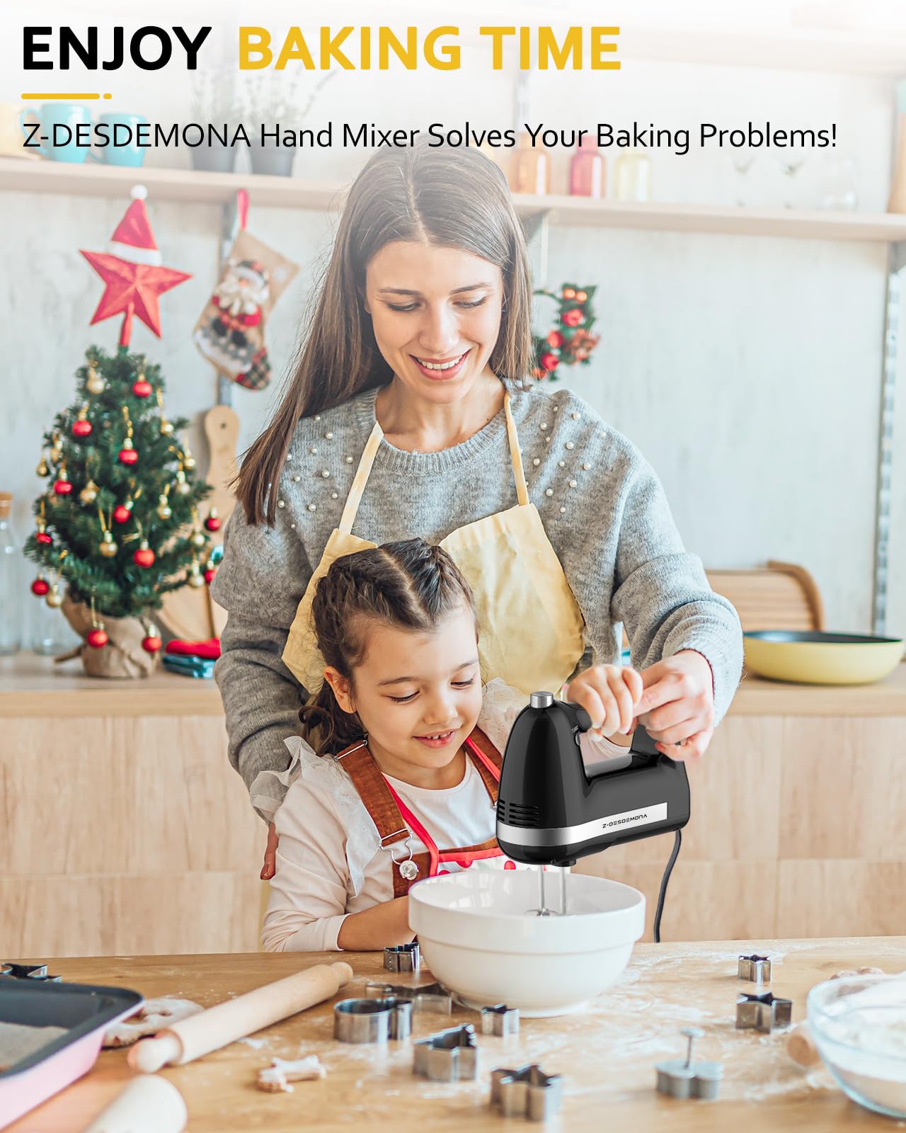 Z-DESDEMONA Electric Hand Mixer, Powerful Hand Mixer Electric Handheld with 304 Beaters, Dough Hook, Whisk, Hand Held Mixer with Turbo for Baking Cakes, Eggs, Cream Food(Black)