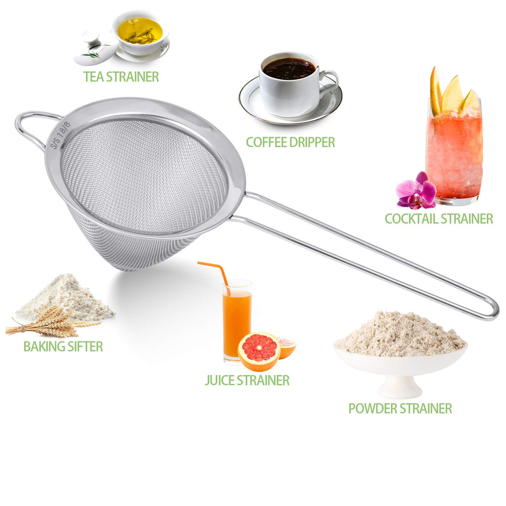2 Pack Stainless Steel 18/8 Small Food Strainer, Fine Mesh Sieve with Long Handle, Cocktail Strainer For Cocktails, Tea Herbs, Coffee & Drinks, Rust Proof & Great as Tea Strainer, 3.5inch