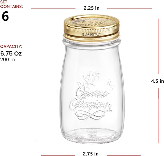 Bormioli Rocco Quattro Stagioni Small Bottles, Set of 6-6.75 Oz. Embossed Reusable Glass Jars with Airtight Lid, For Food Prep, Sauces, Gifts & Crafts - Round Bottle Containers, Made in Italy