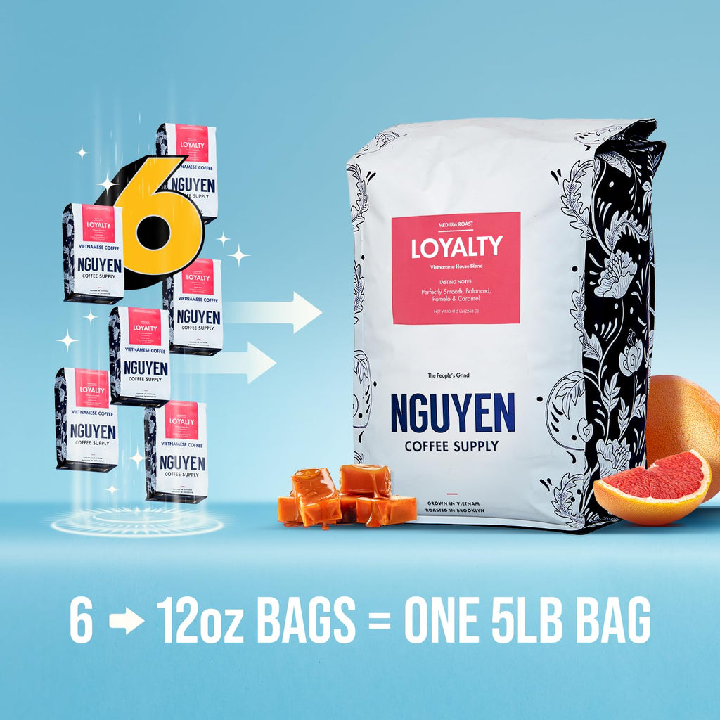 Nguyen Coffee Supply - Loyalty Signature Robusta & Arabica Blend: Medium Roast Premium Whole Coffee Beans, Vietnamese Single Origin, Low Acid, High Caffeine, Roasted in Brooklyn [5 Ib Bag]
