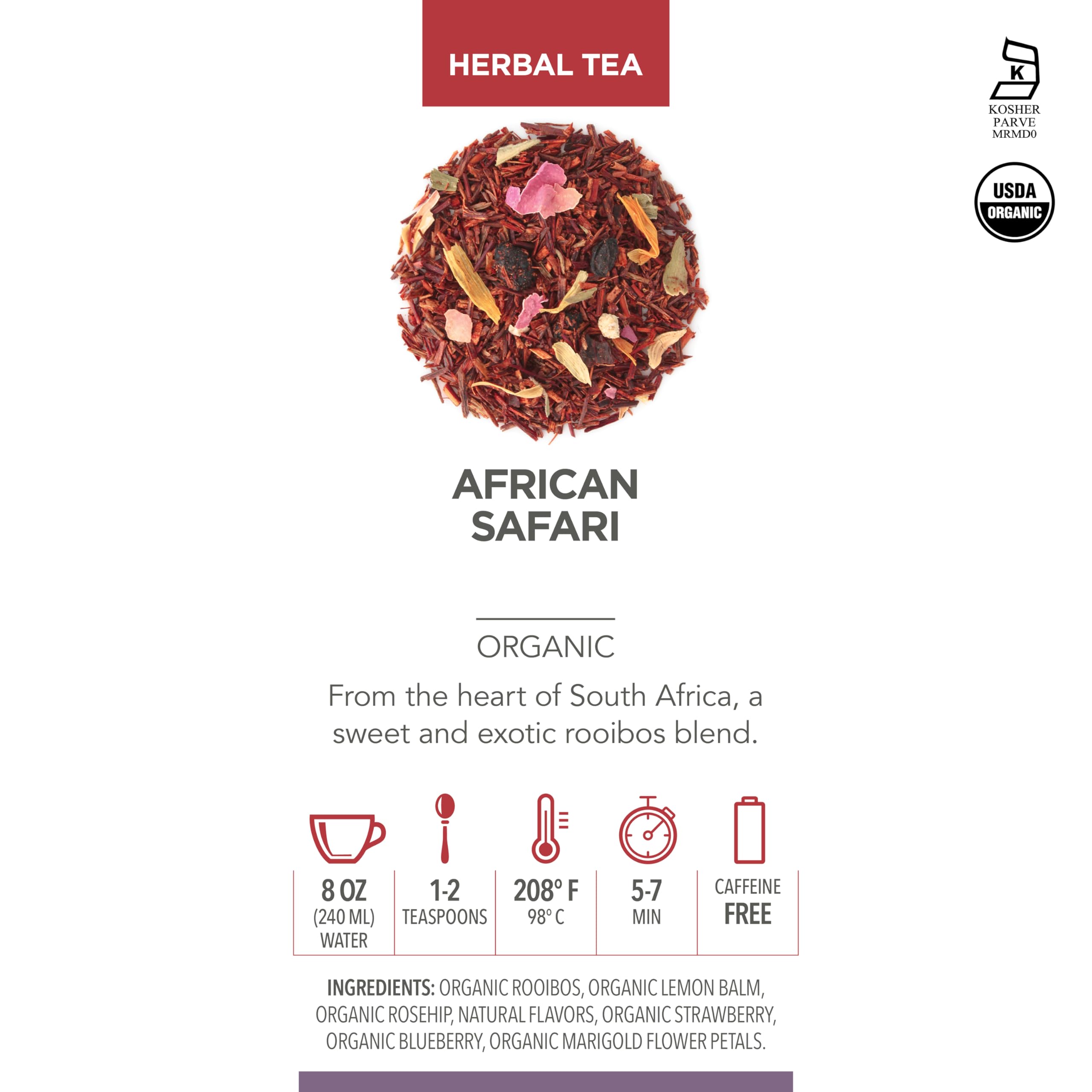 Teabloom Organic Herbal Tea, African Safari Loose Leaf Tea, Sweet Rooibos Blend with Berry Flavors and Vanilla, USDA Certified Organic, Fresh Whole Leaf Blend in Reusable Gift Canister, 3.53 oz/100 g Canister Makes 35-50 Cups