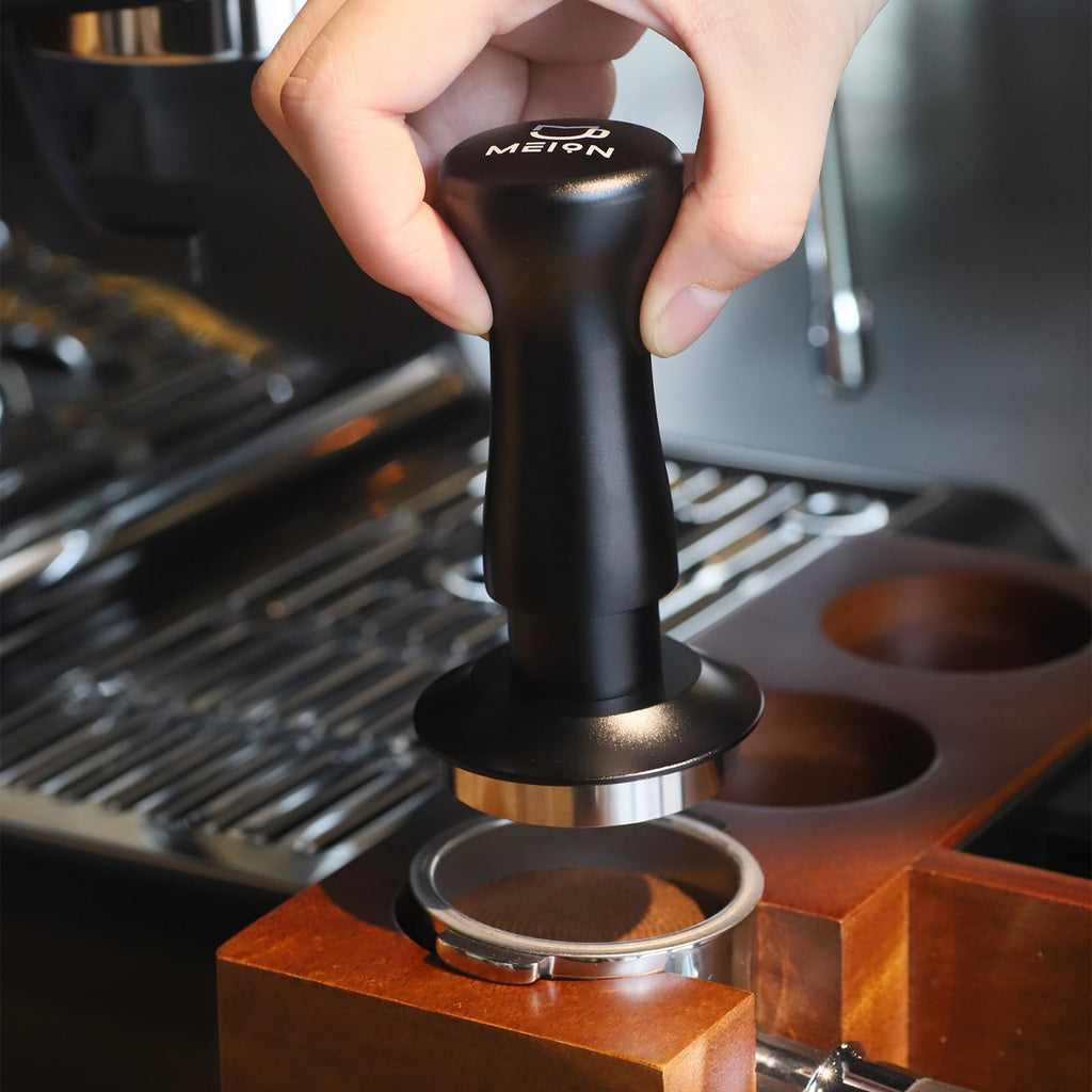 MEION Espresso Tamper 58.5mm Coffee Tamper, Calibrated Dual Spring Loaded Barista Tamper with Stainless Steel Base, Comes with aluminum storage pad (58.5MM, Black)