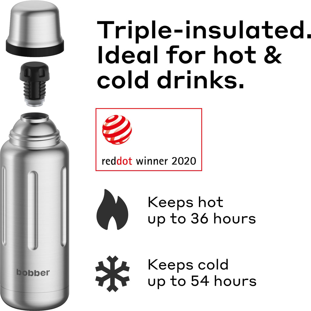 BOBBER 26 oz Stainless Steel Travel Thermo Flask for Hot Drinks – Dishwasher Safe Metal Water Bottle with Cup Lid for Men, Hiking – Keeps Hot for 36 Hours – BPA-Free, Vacuum Insulated (Matte)