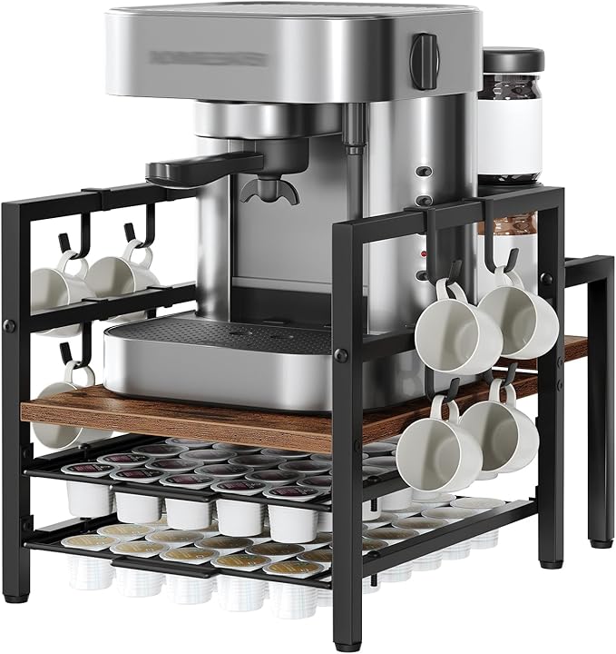 HOOBRO K Cup Holder, Coffee Pod Organizer for Counter, 70 Capacity Pods Storage Organizer, Coffee Maker Stand with Mug Rack, Coffee Station for Syrup, Rustic Brown and Black BF03CR01