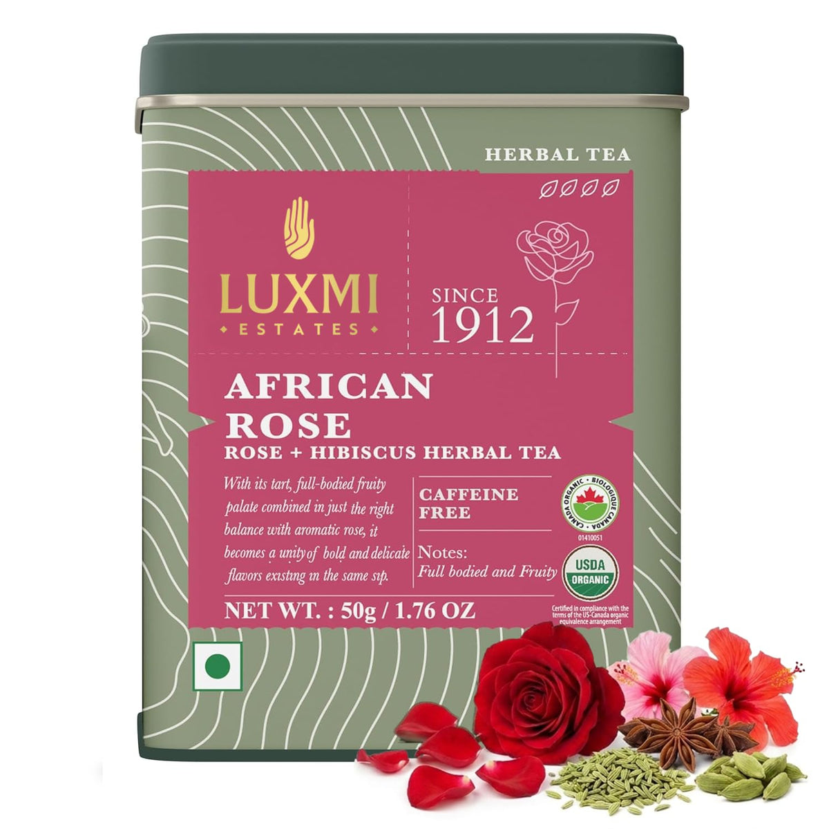Luxmi Estates African Rose Hibiscus Tea | Loose Leaf, 50g (1.76oz, 25 Cups) | USDA Organic 8-Herb Floral Blend with Hibiscus, Rose Petals, Fennel, Cardamom, Chamomile, Star Anise & Cornflower, Caffeine-Free, Vegan