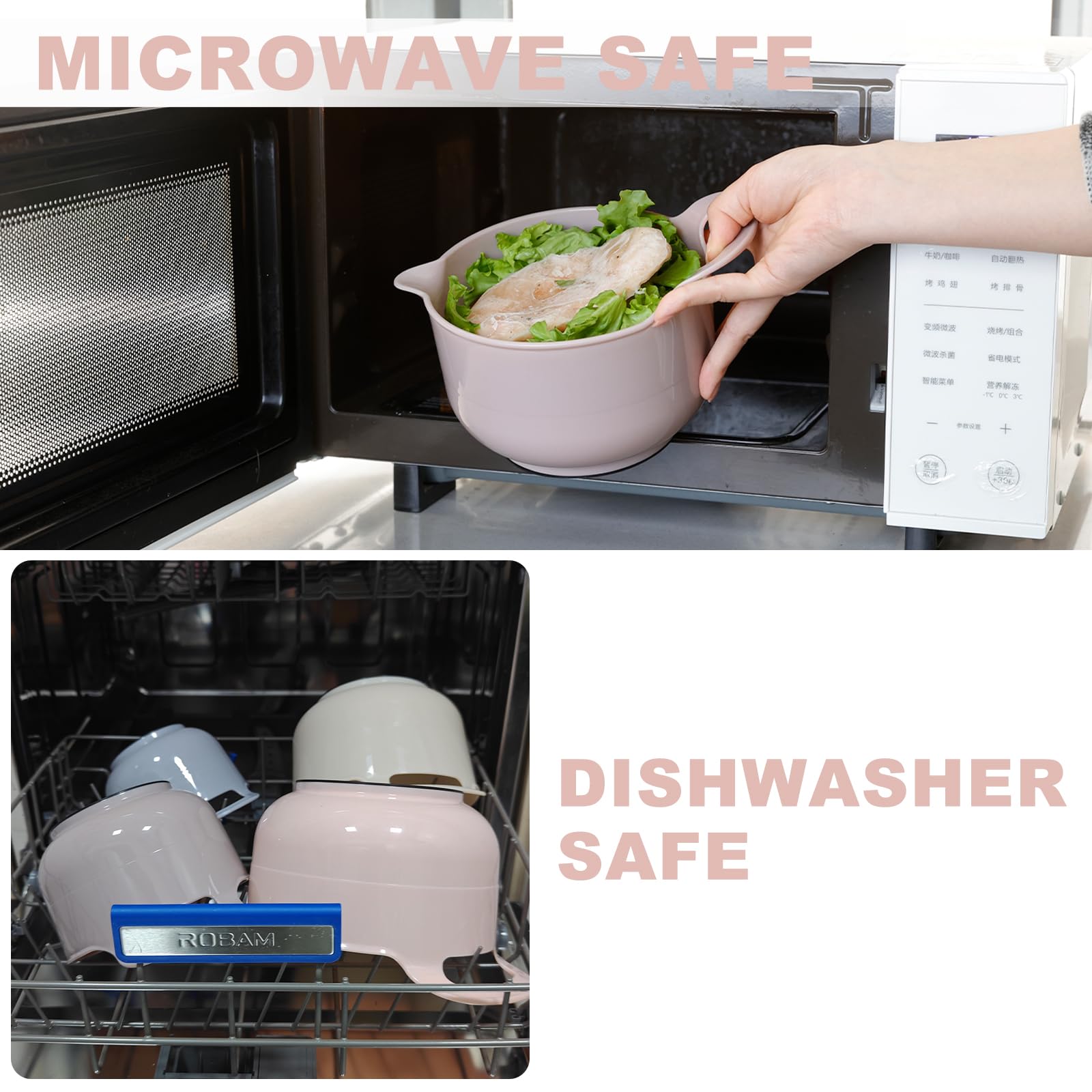 BoxedHome Nesting Plastic Mixing Bowl Set with Pour Spouts and Handles - Non Slip Bottom, BPA free Microwave & Dishwasher Safe(Khaki Pink, 4 Pack)