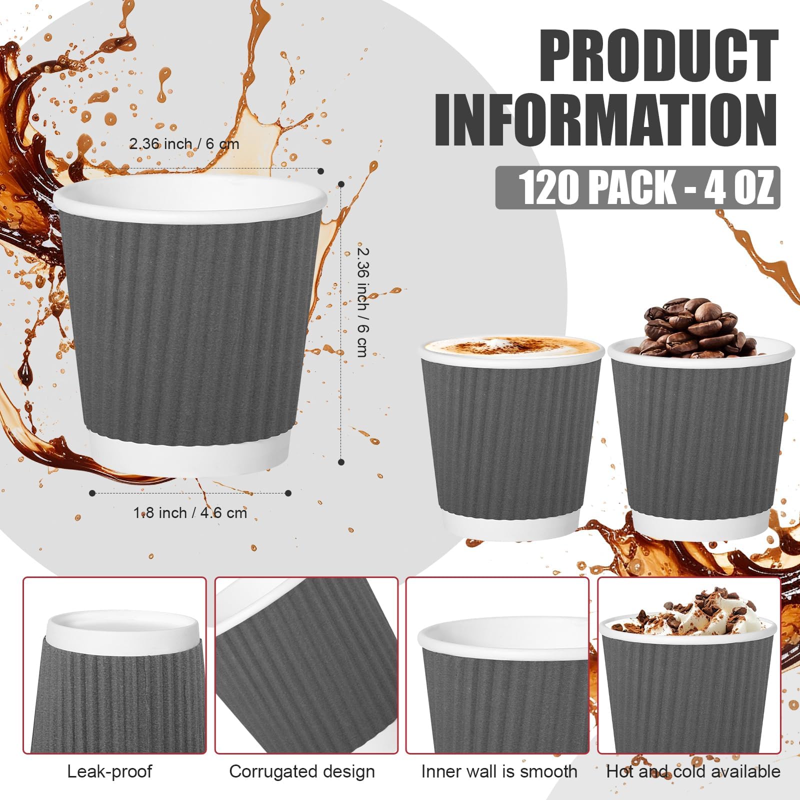 RXLWYUNLAE 120 Pack Paper Espresso Coffee Cups, 4 oz Disposable Coffee Cups,Corrugated Insulated Ripple Wall, Paper Ripple Cup for Coffee, Hot Chocolate and Hot Tea Drinks -Gray