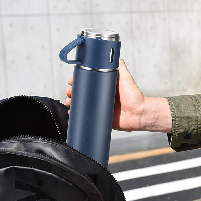 Stainless Steel Thermo 500ml/16.9oz Vacuum Insulated Bottle with Cup for Coffee Hot drink and Cold drink water flask.(Blue,Set)