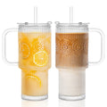 INSETLAN 24oz Ribbed & Floral Glass Tumblers with Handle and Lid, Set of 2 – Reusable Iced Coffee Cups with Straw, Glass Mugs for Water, Smoothies, Tea, and Juice – Ideal for Travel & Daily Use